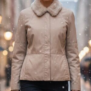 Ann Taylor Beige Utility Jacket with Faux Fur Collar Size M